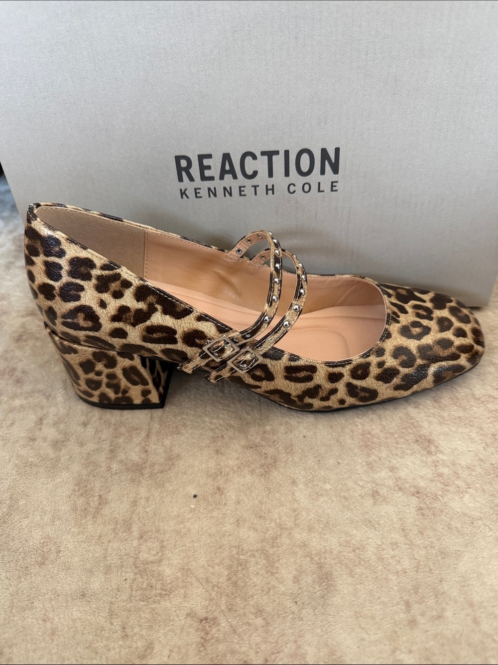 Reaction Kenneth Cole Leeann Studs Leopard Print Mary Jane Block Heel